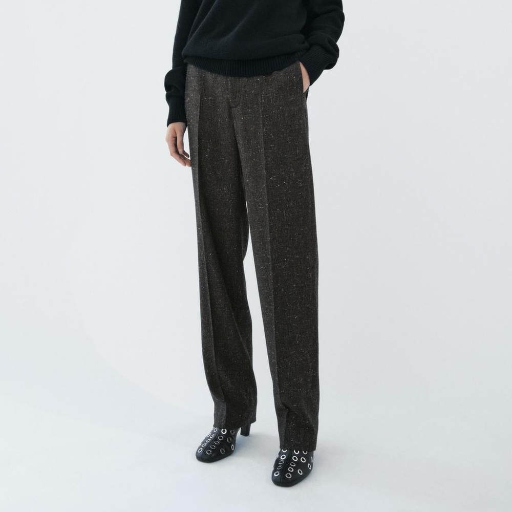 Zara Tweed Wide Leg Trousers Brown Black Speckled Wool Blend High Rise Academia